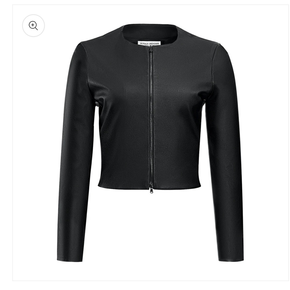 Cropped Black Leather Jacket with Front Zip